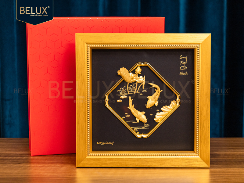 Tranh cá chép hoa sen dát vàng 24k- 23x23cm